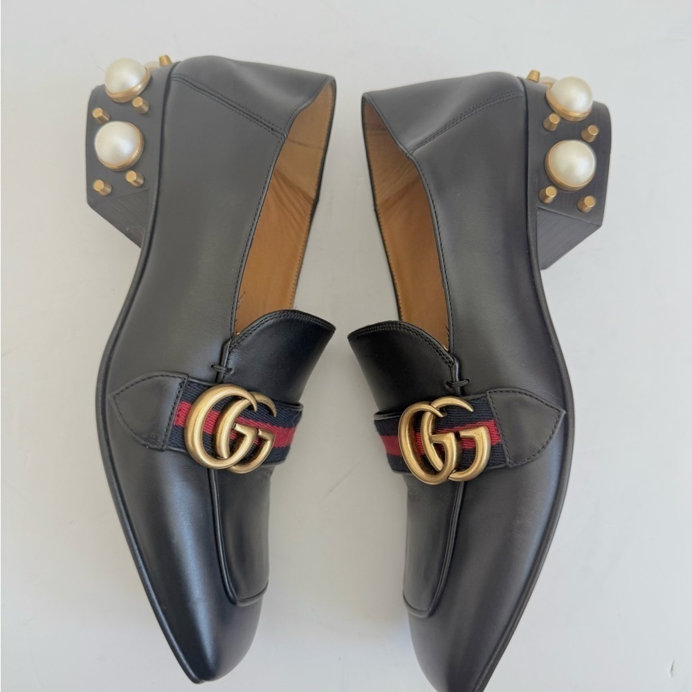 Gucci Black leather GG Web Pearl embellished Peyton loafers block heel EU 38 - Picture 3 of 11
